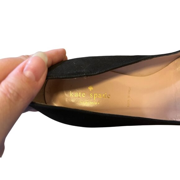 Kate Spade Black Suede Gold Bow Block Heel Pumps Size 8.5 Elegant Womens Shoes - Picture 5 of 7